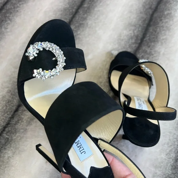 Jimmy Choo Saphie 120 mm Crystal Charm Black Suede Platform Heels - Picture 5 of 10